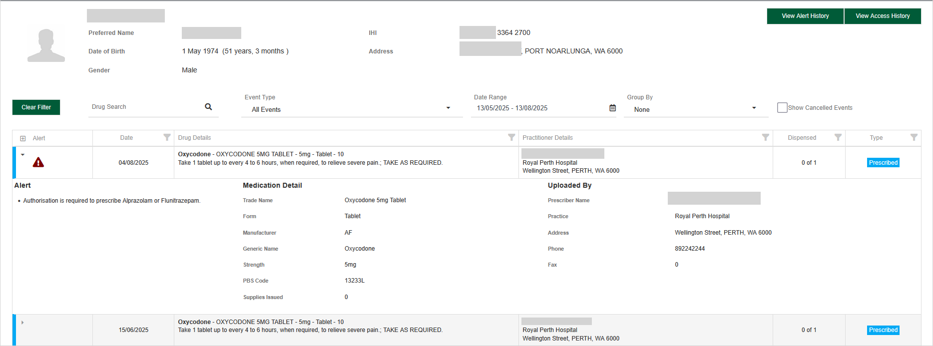 Patient Medication History showing patient details and drug details